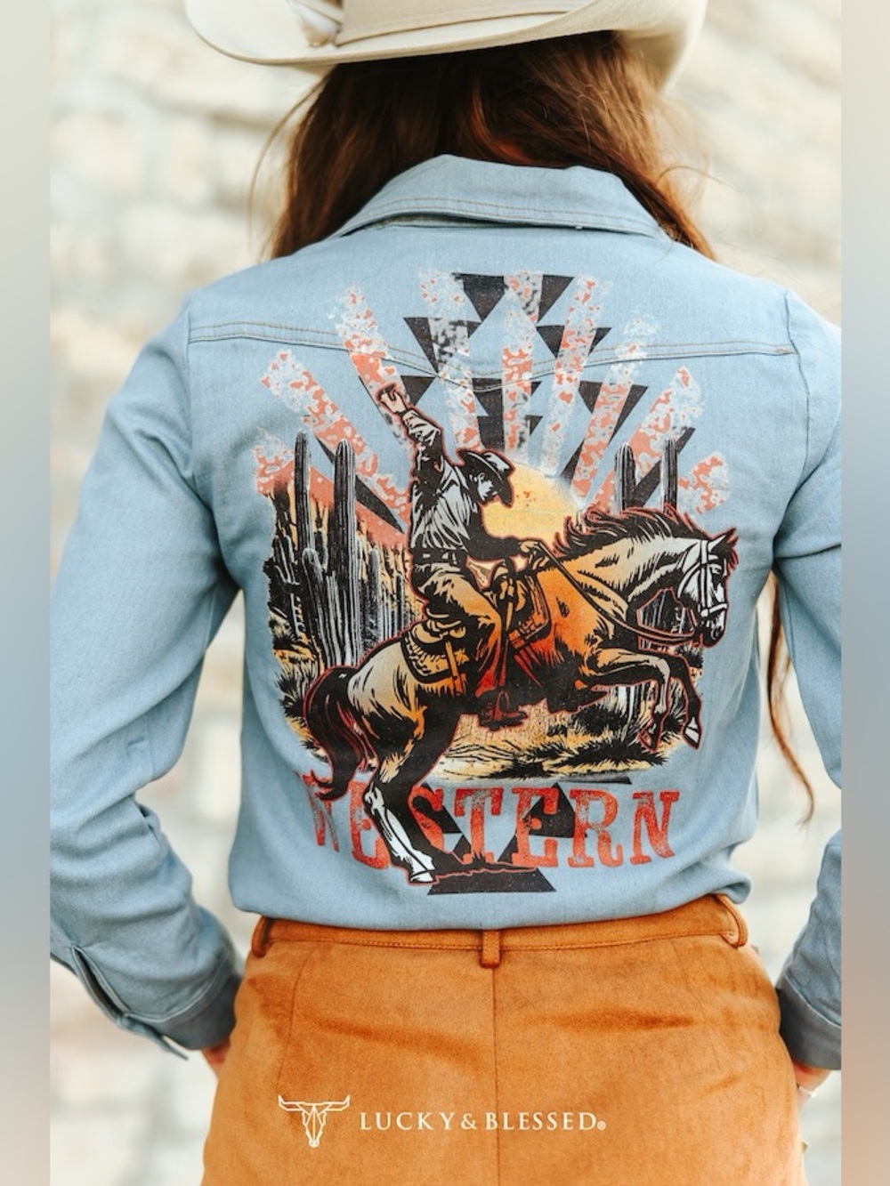 Lucky & Blessed Light Wash Stretch Denim Long Sleeve Western Printed Shirt